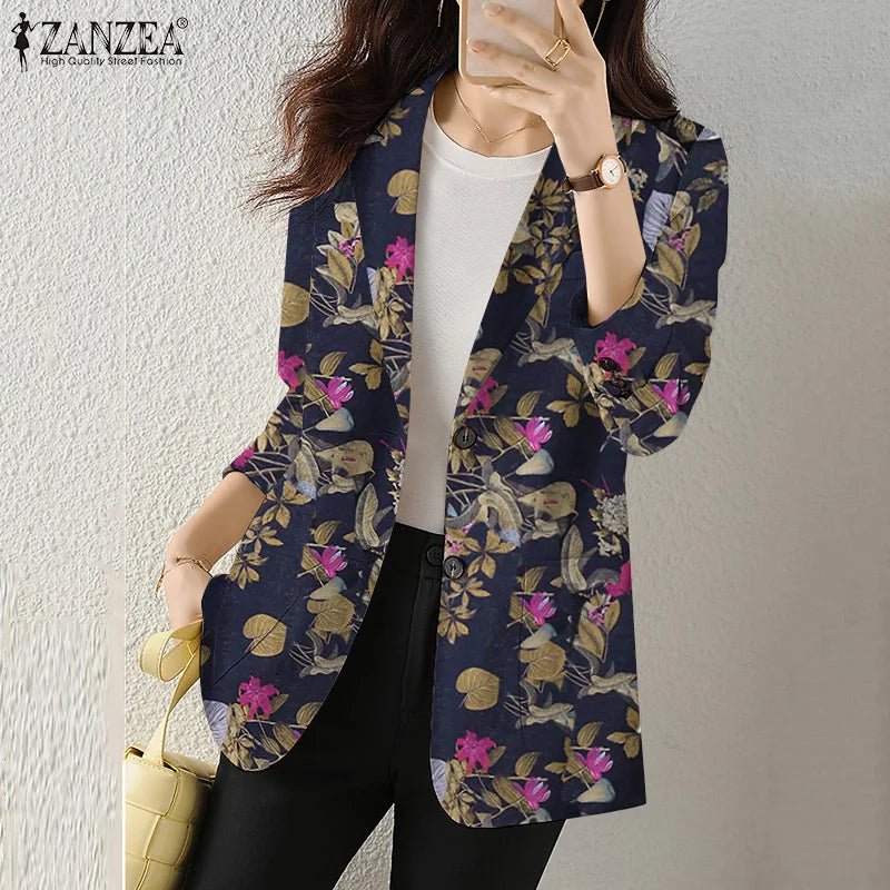 Women Autumn Blazer Retro Printed Coats Casual Long Sleeve Floral Outerwear ZANZEA Female Single Button Lapel Jackets Oversize - MAGUSTA BEAUTY