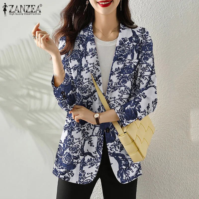 Women Autumn Blazer Retro Printed Coats Casual Long Sleeve Floral Outerwear ZANZEA Female Single Button Lapel Jackets Oversize - MAGUSTA BEAUTY