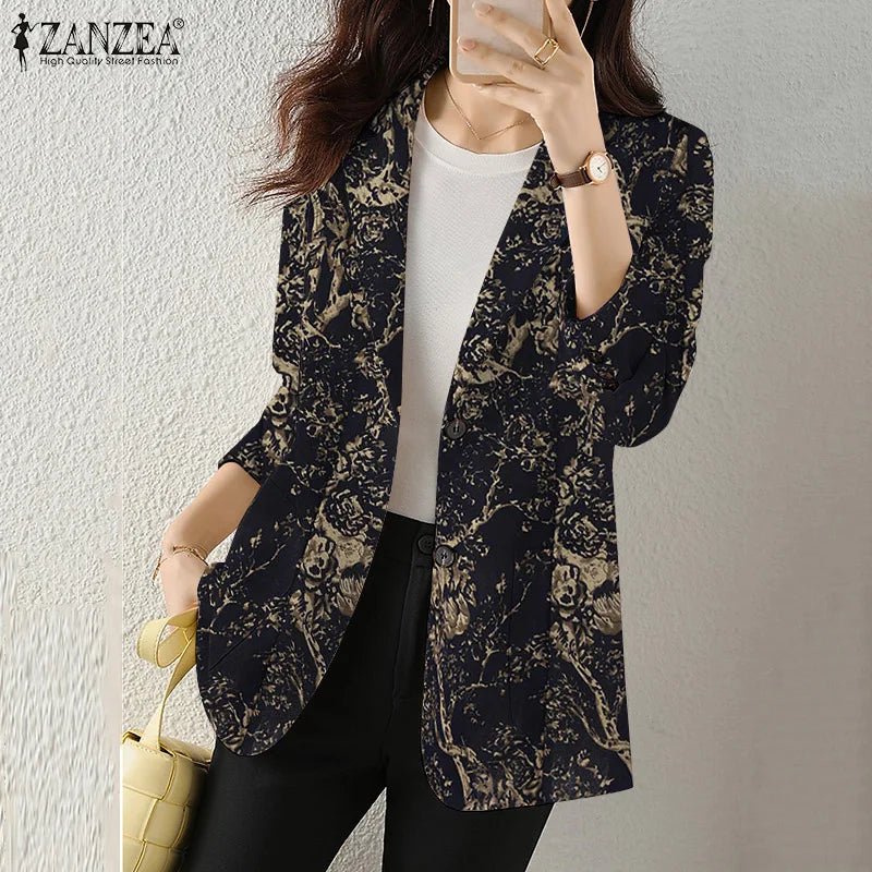Women Autumn Blazer Retro Printed Coats Casual Long Sleeve Floral Outerwear ZANZEA Female Single Button Lapel Jackets Oversize - MAGUSTA BEAUTY