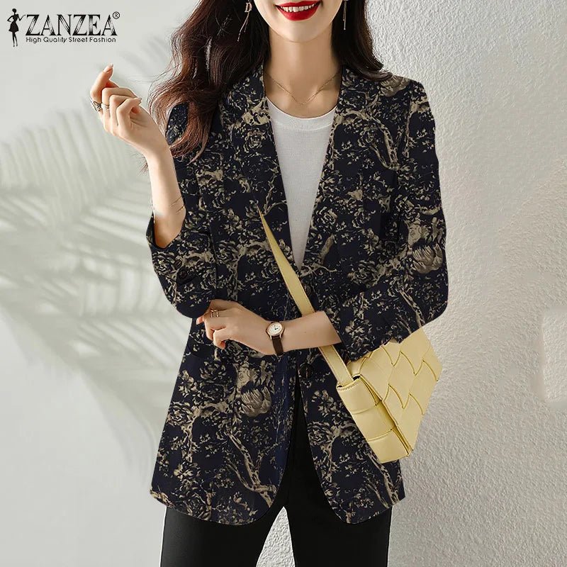 Women Autumn Blazer Retro Printed Coats Casual Long Sleeve Floral Outerwear ZANZEA Female Single Button Lapel Jackets Oversize - MAGUSTA BEAUTY