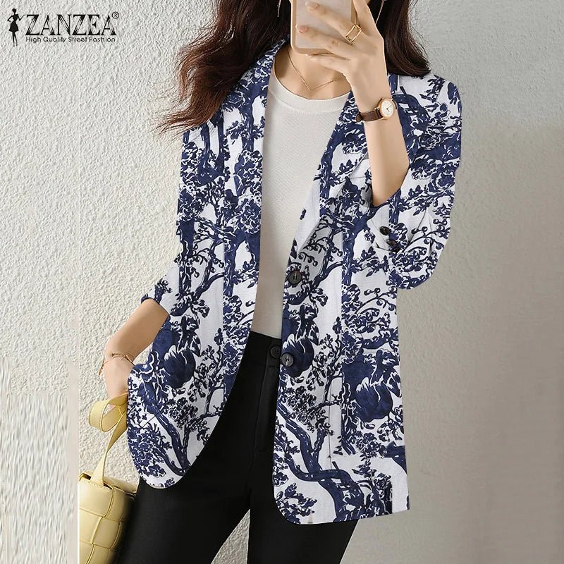 Women Autumn Blazer Retro Printed Coats Casual Long Sleeve Floral Outerwear ZANZEA Female Single Button Lapel Jackets Oversize - MAGUSTA BEAUTY