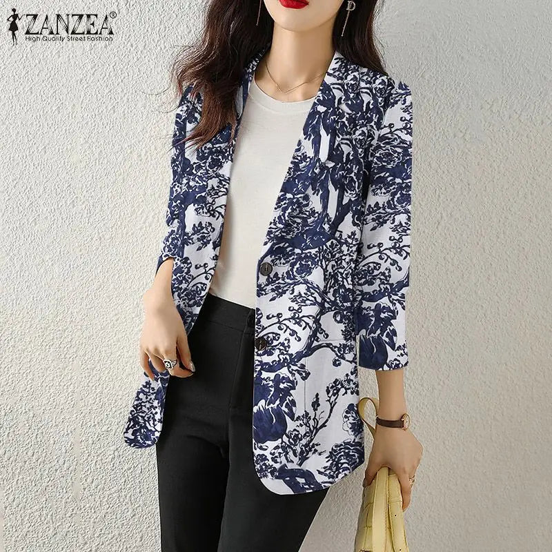 Women Autumn Blazer Retro Printed Coats Casual Long Sleeve Floral Outerwear ZANZEA Female Single Button Lapel Jackets Oversize - MAGUSTA BEAUTY