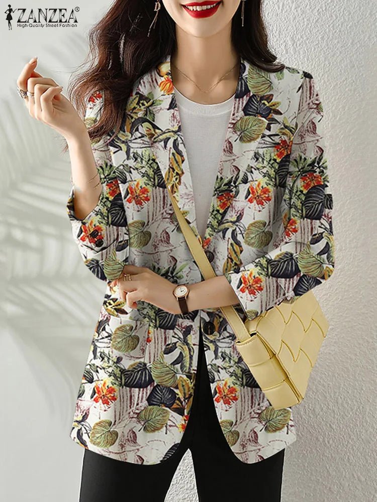 Women Autumn Blazer Retro Printed Coats Casual Long Sleeve Floral Outerwear ZANZEA Female Single Button Lapel Jackets Oversize - MAGUSTA BEAUTY