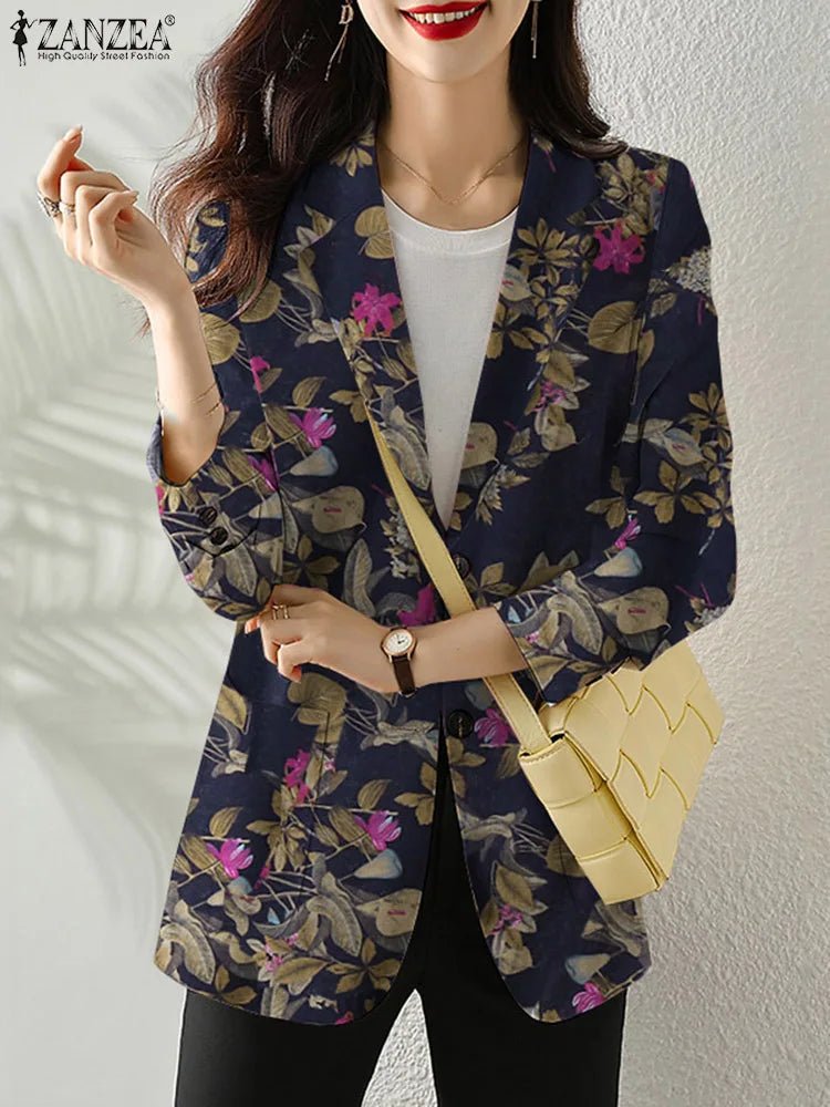 Women Autumn Blazer Retro Printed Coats Casual Long Sleeve Floral Outerwear ZANZEA Female Single Button Lapel Jackets Oversize - MAGUSTA BEAUTY