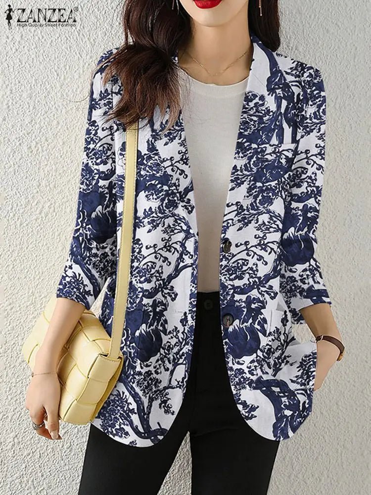 Women Autumn Blazer Retro Printed Coats Casual Long Sleeve Floral Outerwear ZANZEA Female Single Button Lapel Jackets Oversize - MAGUSTA BEAUTY