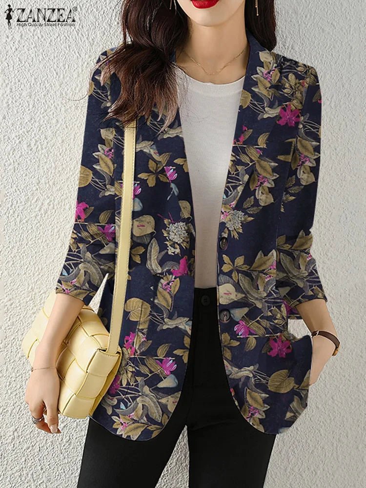 Women Autumn Blazer Retro Printed Coats Casual Long Sleeve Floral Outerwear ZANZEA Female Single Button Lapel Jackets Oversize - MAGUSTA BEAUTY