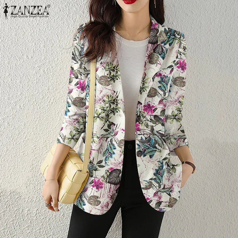 Women Autumn Blazer Retro Printed Coats Casual Long Sleeve Floral Outerwear ZANZEA Female Single Button Lapel Jackets Oversize - MAGUSTA BEAUTY