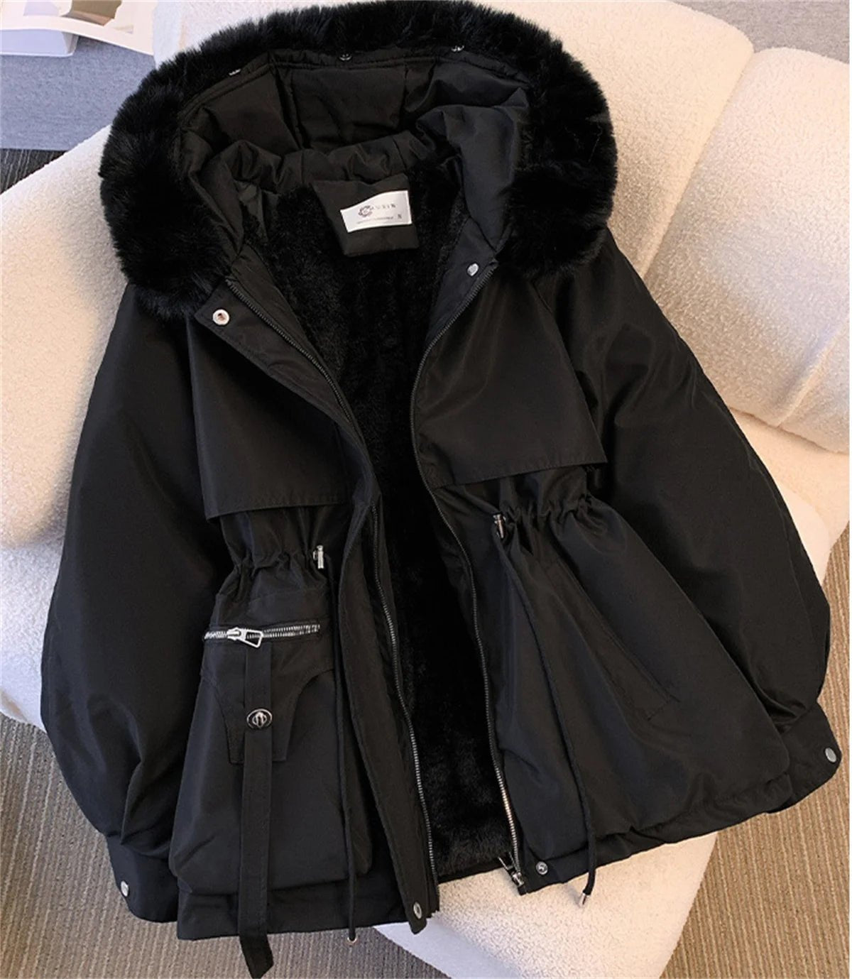 Women Autumn Winter Fashion Coats Korean Hooded Drawstring Padded Jackets Solid Female Casual Street Outfit Coat Zip Up Parkas - MAGUSTA BEAUTY