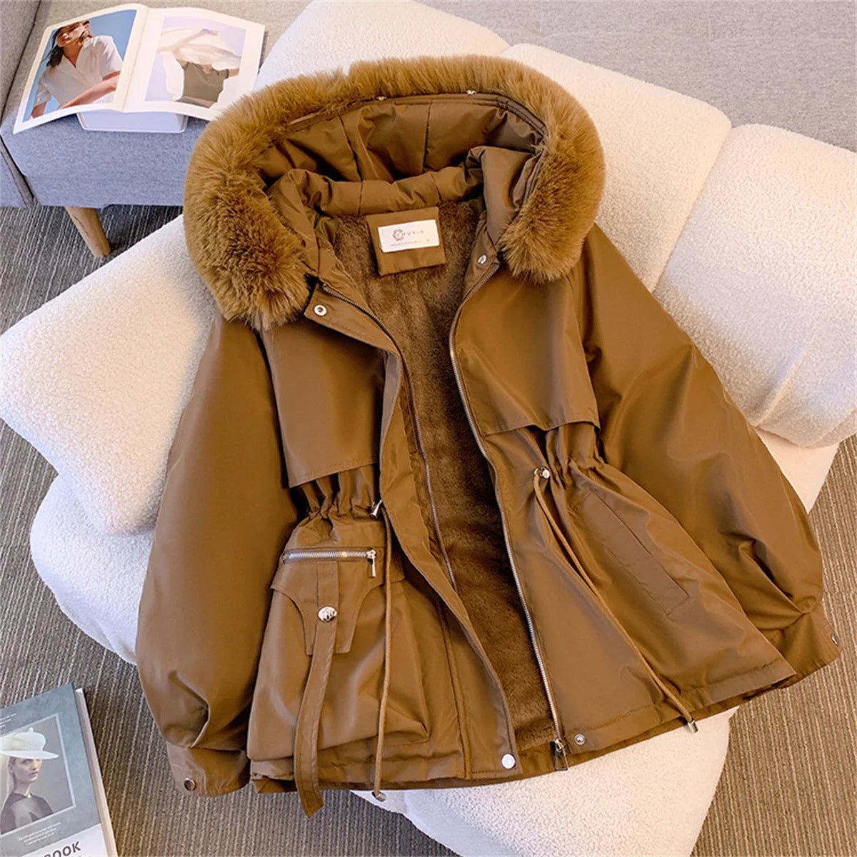 Women Autumn Winter Fashion Coats Korean Hooded Drawstring Padded Jackets Solid Female Casual Street Outfit Coat Zip Up Parkas - MAGUSTA BEAUTY