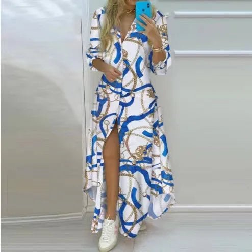 Women Boho Printed Long Shirts Dress Summer Turn-down Collar Long Sleeve Party Dress Female Casual Evening Maxi Dresses Vestidos - MAGUSTA BEAUTY
