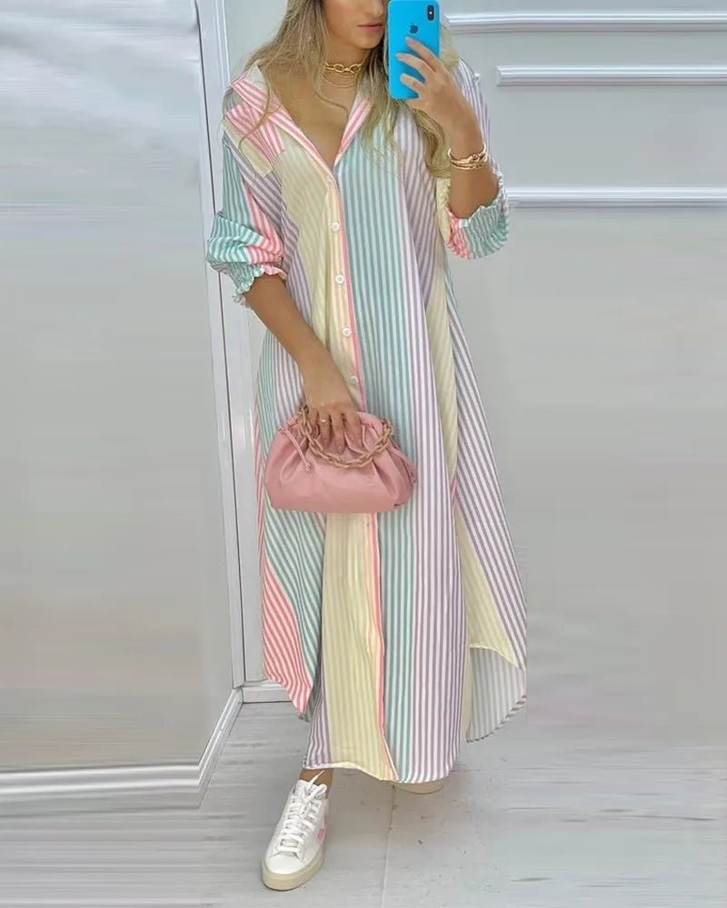 Women Boho Printed Long Shirts Dress Summer Turn-down Collar Long Sleeve Party Dress Female Casual Evening Maxi Dresses Vestidos - MAGUSTA BEAUTY