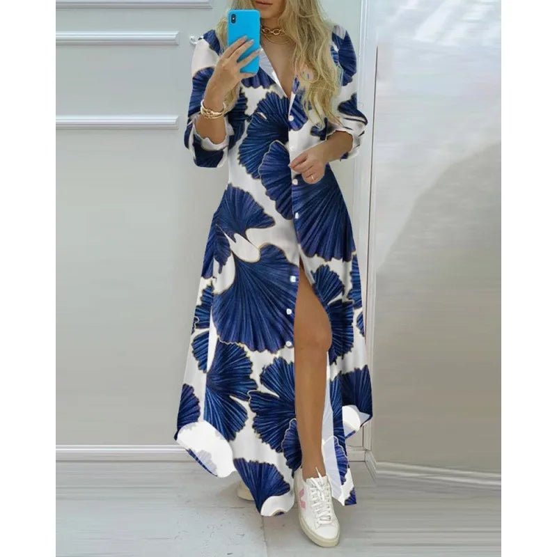 Women Boho Printed Long Shirts Dress Summer Turn-down Collar Long Sleeve Party Dress Female Casual Evening Maxi Dresses Vestidos - MAGUSTA BEAUTY