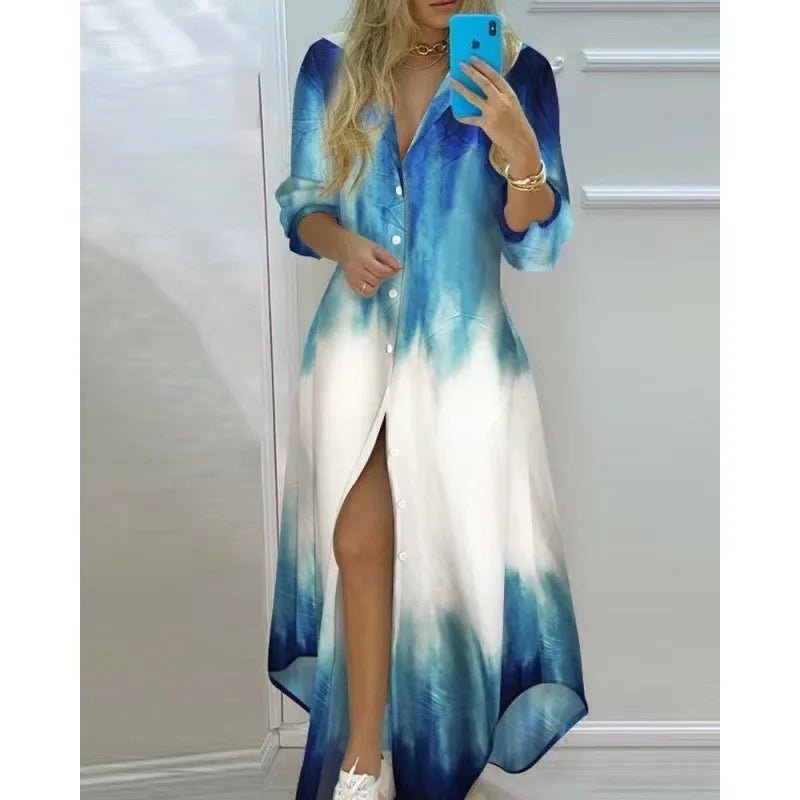Women Boho Printed Long Shirts Dress Summer Turn-down Collar Long Sleeve Party Dress Female Casual Evening Maxi Dresses Vestidos - MAGUSTA BEAUTY
