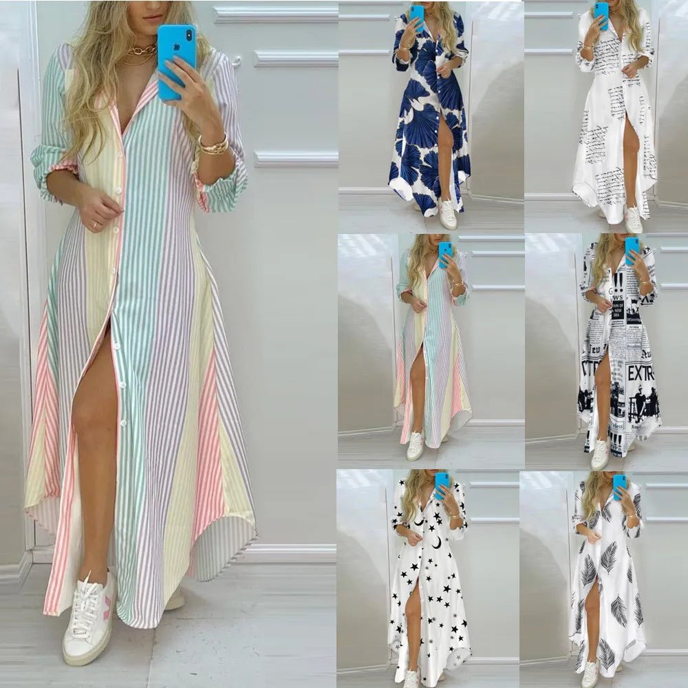 Women Boho Printed Long Shirts Dress Summer Turn-down Collar Long Sleeve Party Dress Female Casual Evening Maxi Dresses Vestidos - MAGUSTA BEAUTY