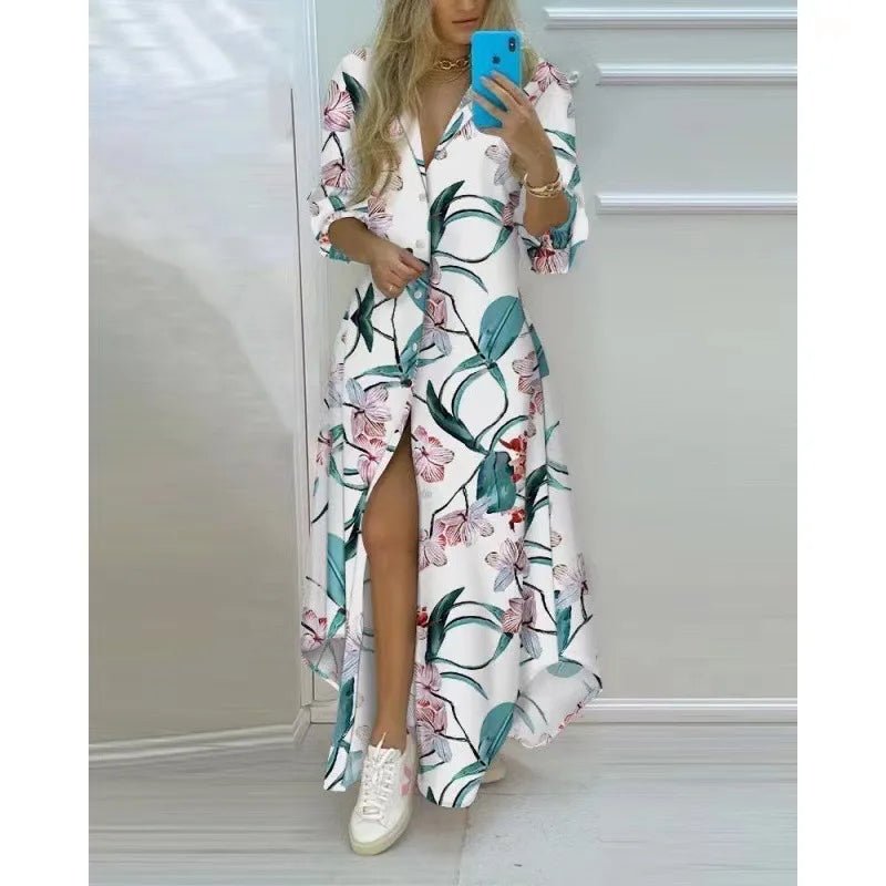 Women Boho Printed Long Shirts Dress Summer Turn-down Collar Long Sleeve Party Dress Female Casual Evening Maxi Dresses Vestidos - MAGUSTA BEAUTY