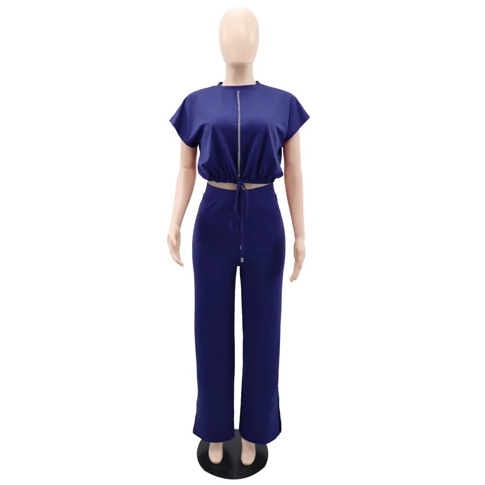 Women Casual Round Neck Drawstring Short Sleeve Top & High Waist Pants Set Summer Solid Two Piece Suit Sets Outfits Set Female - MAGUSTA BEAUTY