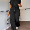 Women Casual Round Neck Drawstring Short Sleeve Top & High Waist Pants Set Summer Solid Two Piece Suit Sets Outfits Set Female - MAGUSTA BEAUTY