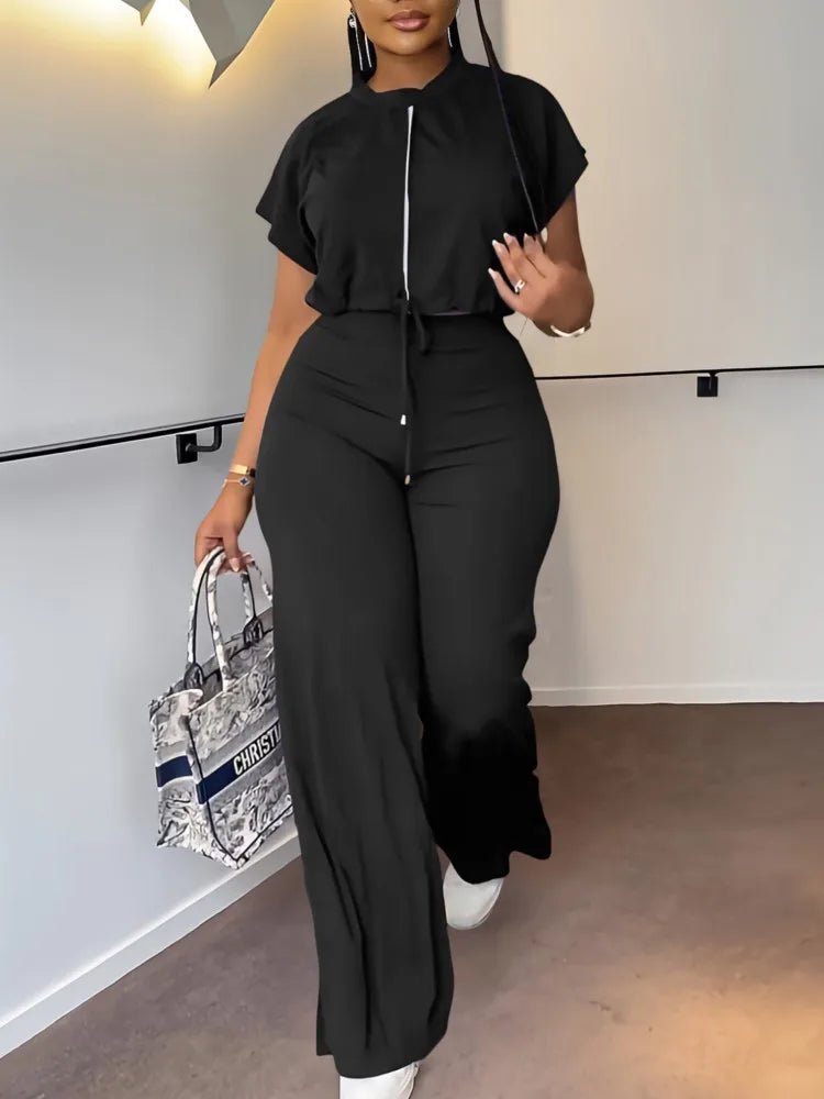 Women Casual Round Neck Drawstring Short Sleeve Top & High Waist Pants Set Summer Solid Two Piece Suit Sets Outfits Set Female - MAGUSTA BEAUTY