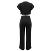Women Casual Round Neck Drawstring Short Sleeve Top & High Waist Pants Set Summer Solid Two Piece Suit Sets Outfits Set Female - MAGUSTA BEAUTY