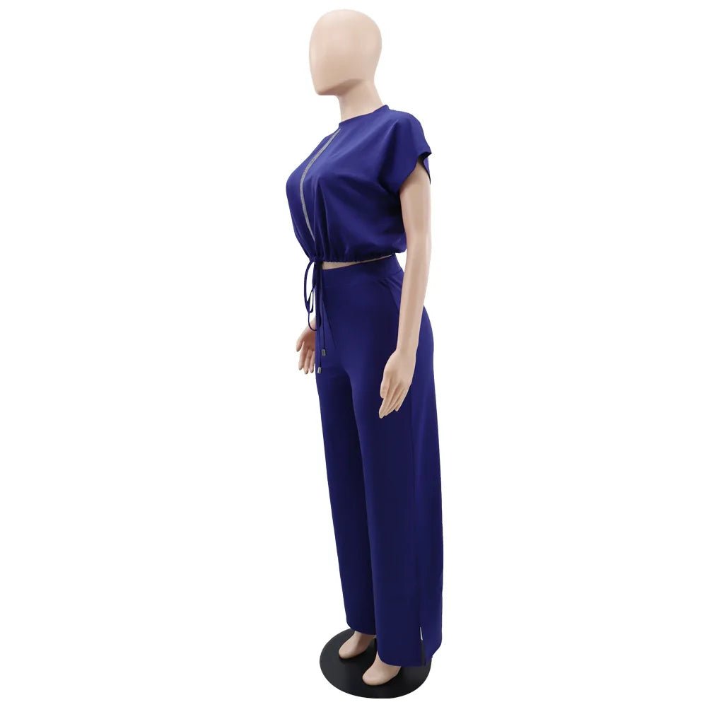 Women Casual Round Neck Drawstring Short Sleeve Top & High Waist Pants Set Summer Solid Two Piece Suit Sets Outfits Set Female - MAGUSTA BEAUTY