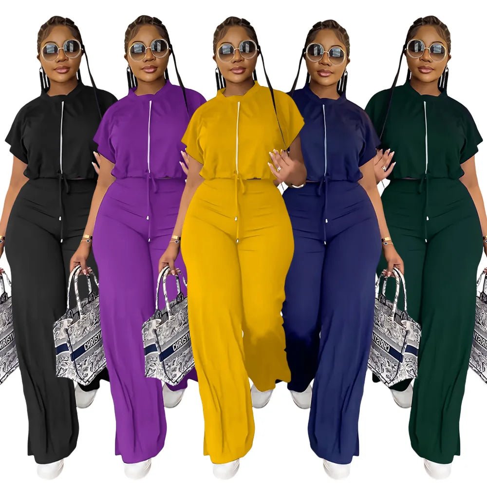 Women Casual Round Neck Drawstring Short Sleeve Top & High Waist Pants Set Summer Solid Two Piece Suit Sets Outfits Set Female - MAGUSTA BEAUTY