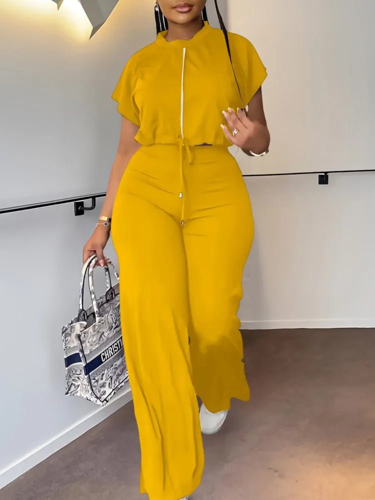 Women Casual Round Neck Drawstring Short Sleeve Top & High Waist Pants Set Summer Solid Two Piece Suit Sets Outfits Set Female - MAGUSTA BEAUTY