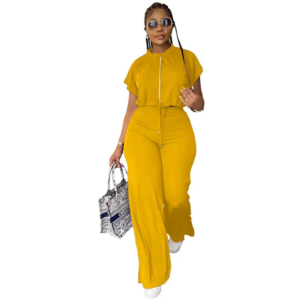 Women Casual Round Neck Drawstring Short Sleeve Top & High Waist Pants Set Summer Solid Two Piece Suit Sets Outfits Set Female - MAGUSTA BEAUTY