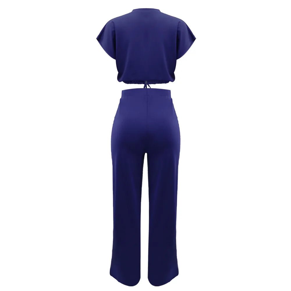 Women Casual Round Neck Drawstring Short Sleeve Top & High Waist Pants Set Summer Solid Two Piece Suit Sets Outfits Set Female - MAGUSTA BEAUTY