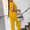 Women Casual Round Neck Drawstring Short Sleeve Top & High Waist Pants Set Summer Solid Two Piece Suit Sets Outfits Set Female - MAGUSTA BEAUTY