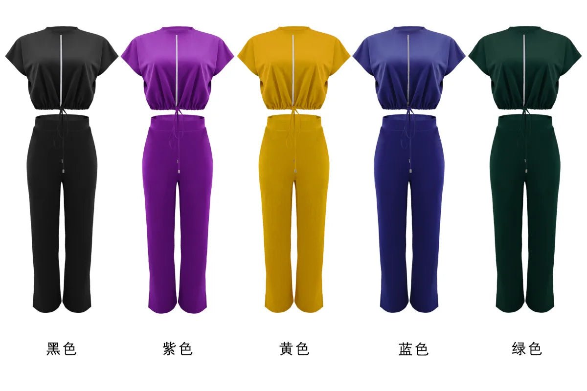 Women Casual Round Neck Drawstring Short Sleeve Top & High Waist Pants Set Summer Solid Two Piece Suit Sets Outfits Set Female - MAGUSTA BEAUTY