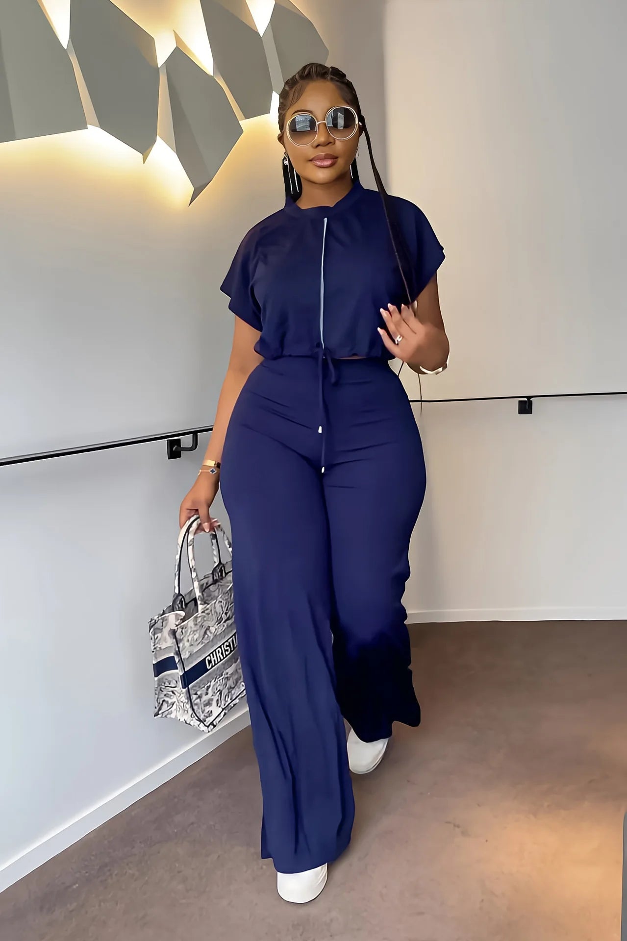Women Casual Round Neck Drawstring Short Sleeve Top & High Waist Pants Set Summer Solid Two Piece Suit Sets Outfits Set Female - MAGUSTA BEAUTY