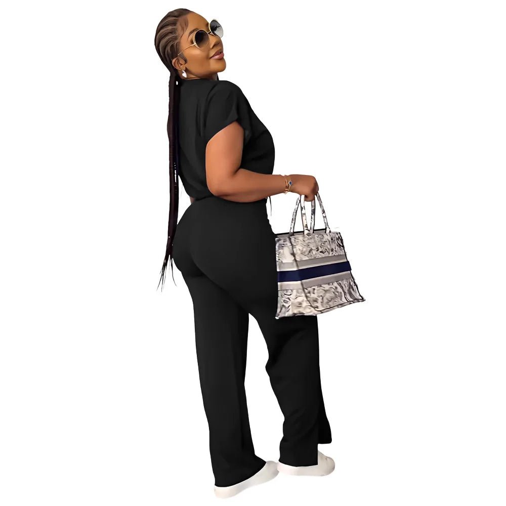 Women Casual Round Neck Drawstring Short Sleeve Top & High Waist Pants Set Summer Solid Two Piece Suit Sets Outfits Set Female - MAGUSTA BEAUTY