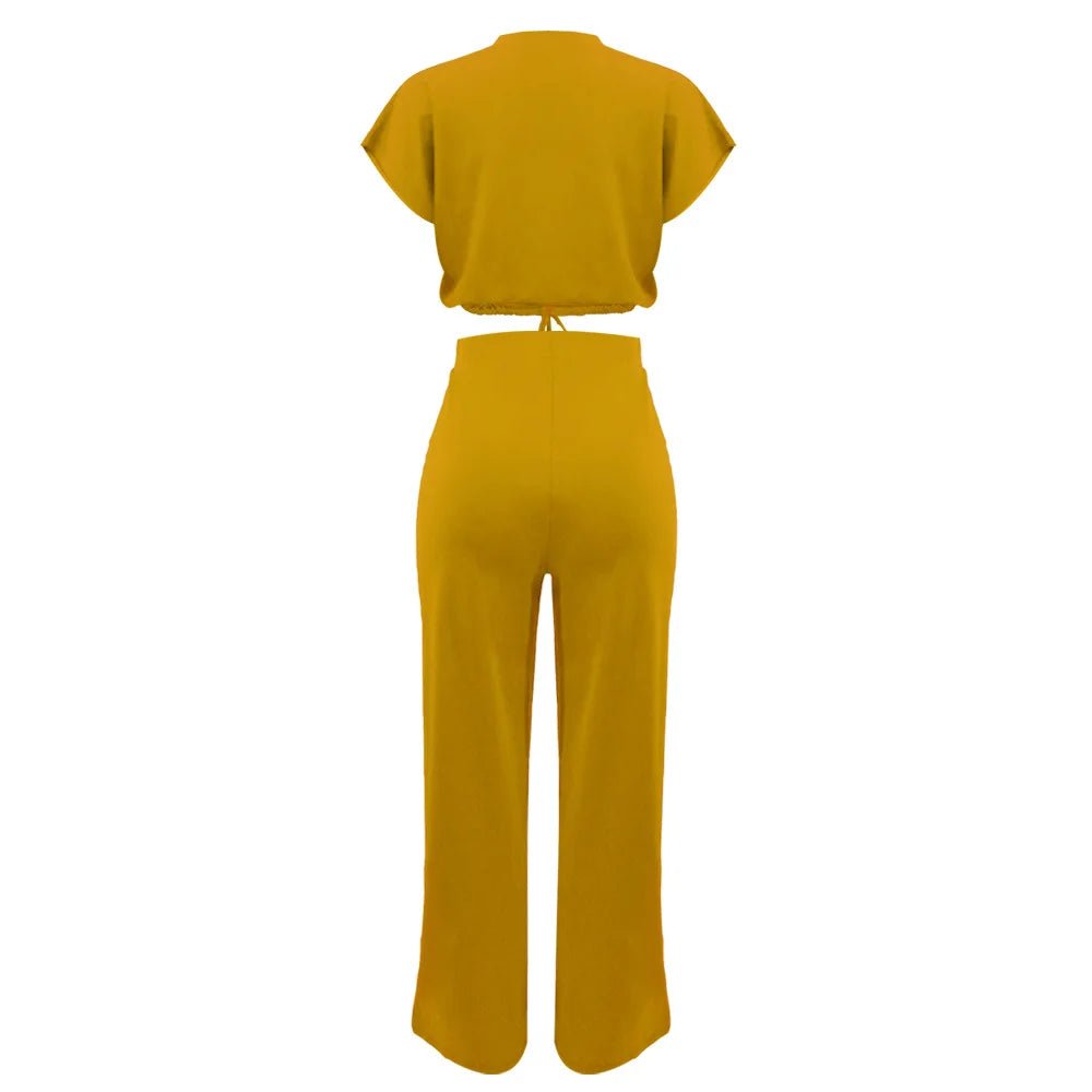 Women Casual Round Neck Drawstring Short Sleeve Top & High Waist Pants Set Summer Solid Two Piece Suit Sets Outfits Set Female - MAGUSTA BEAUTY