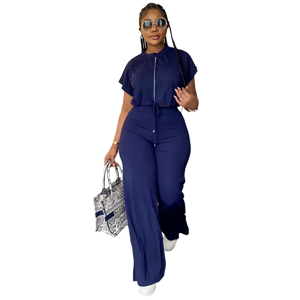 Women Casual Round Neck Drawstring Short Sleeve Top & High Waist Pants Set Summer Solid Two Piece Suit Sets Outfits Set Female - MAGUSTA BEAUTY