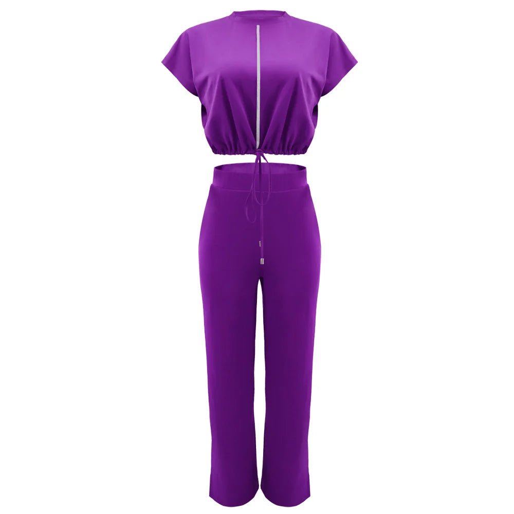 Women Casual Round Neck Drawstring Short Sleeve Top & High Waist Pants Set Summer Solid Two Piece Suit Sets Outfits Set Female - MAGUSTA BEAUTY