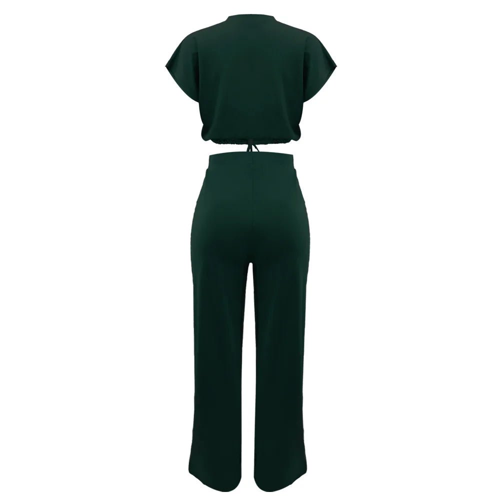 Women Casual Round Neck Drawstring Short Sleeve Top & High Waist Pants Set Summer Solid Two Piece Suit Sets Outfits Set Female - MAGUSTA BEAUTY