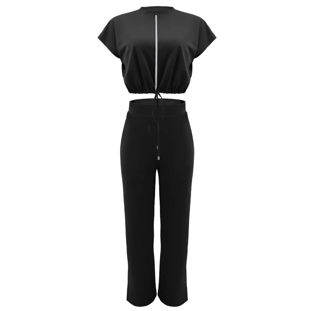Women Casual Round Neck Drawstring Short Sleeve Top & High Waist Pants Set Summer Solid Two Piece Suit Sets Outfits Set Female - MAGUSTA BEAUTY