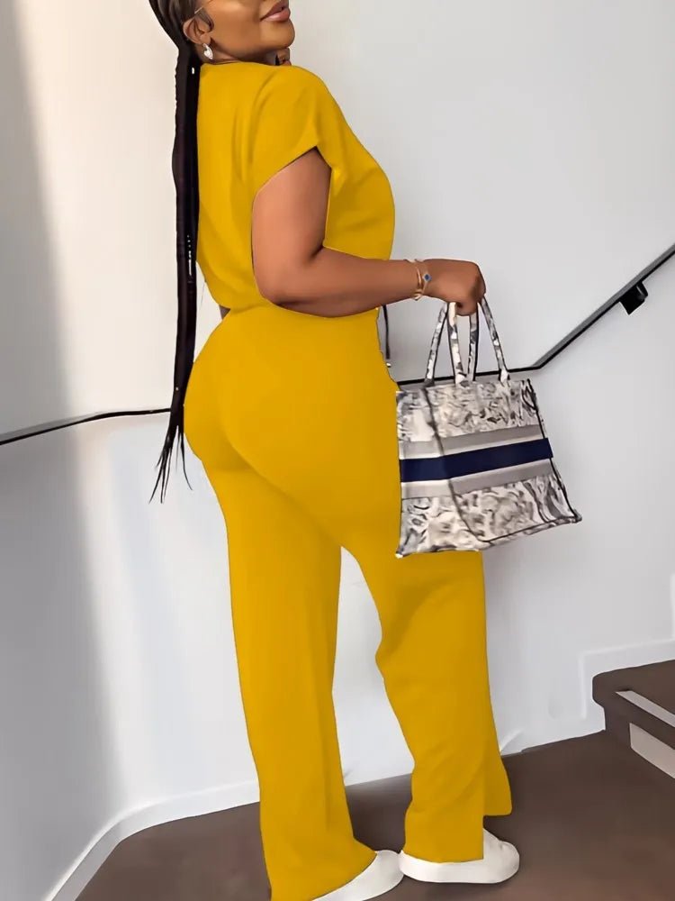Women Casual Round Neck Drawstring Short Sleeve Top & High Waist Pants Set Summer Solid Two Piece Suit Sets Outfits Set Female - MAGUSTA BEAUTY