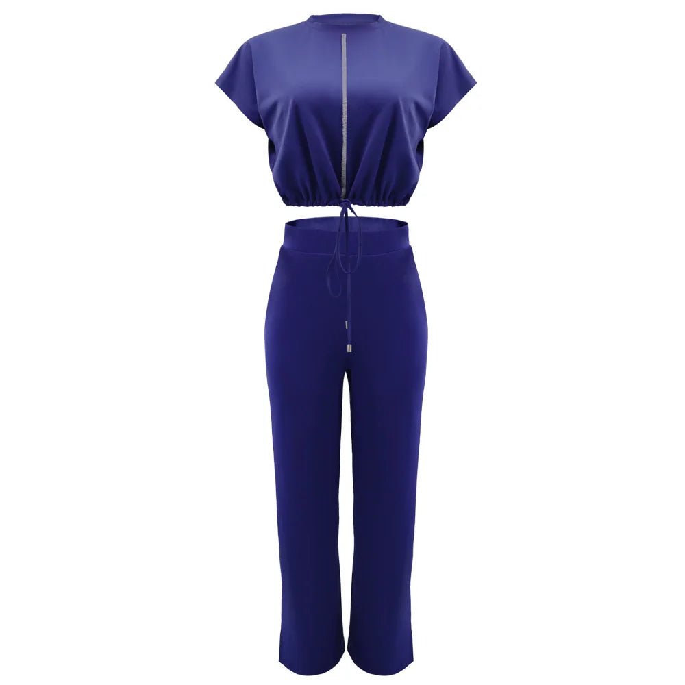 Women Casual Round Neck Drawstring Short Sleeve Top & High Waist Pants Set Summer Solid Two Piece Suit Sets Outfits Set Female - MAGUSTA BEAUTY