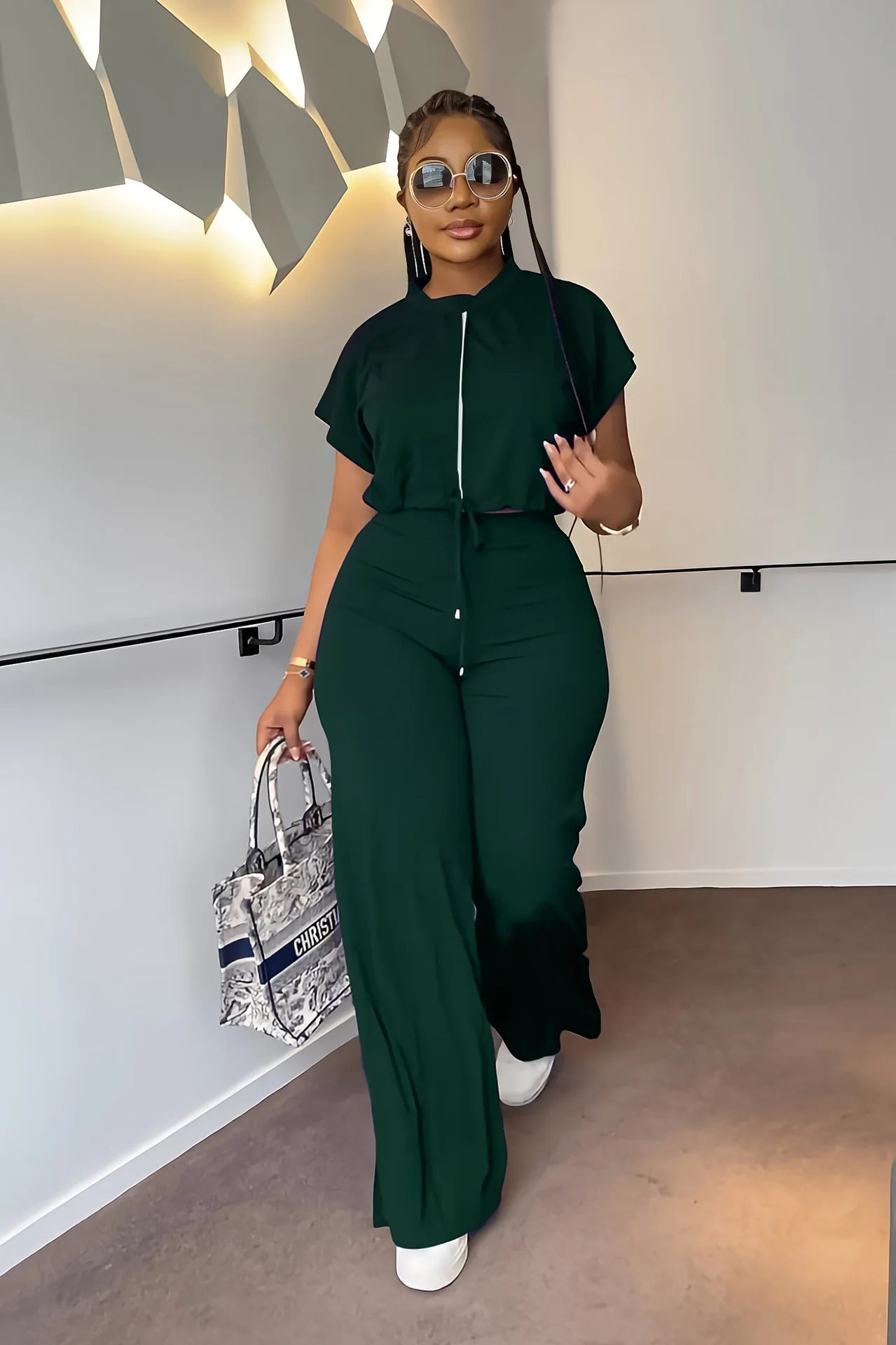 Women Casual Round Neck Drawstring Short Sleeve Top & High Waist Pants Set Summer Solid Two Piece Suit Sets Outfits Set Female - MAGUSTA BEAUTY