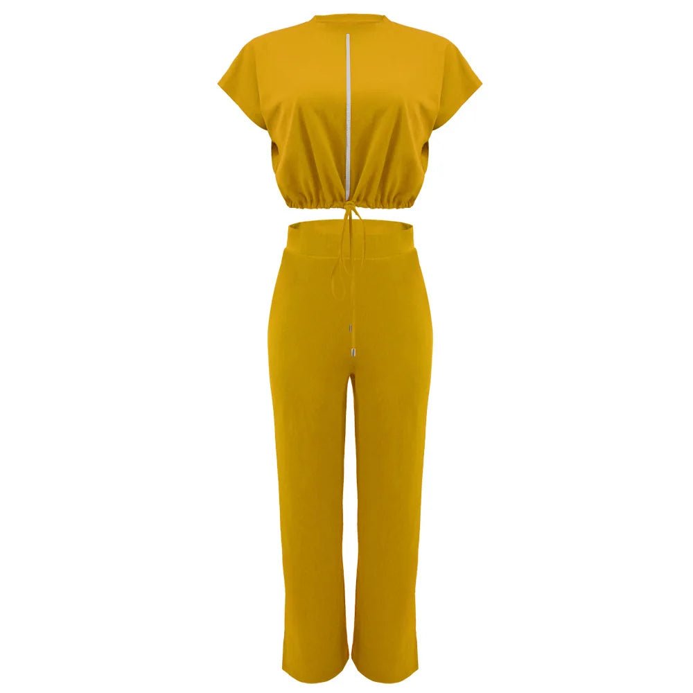 Women Casual Round Neck Drawstring Short Sleeve Top & High Waist Pants Set Summer Solid Two Piece Suit Sets Outfits Set Female - MAGUSTA BEAUTY