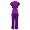 Women Casual Round Neck Drawstring Short Sleeve Top & High Waist Pants Set Summer Solid Two Piece Suit Sets Outfits Set Female - MAGUSTA BEAUTY