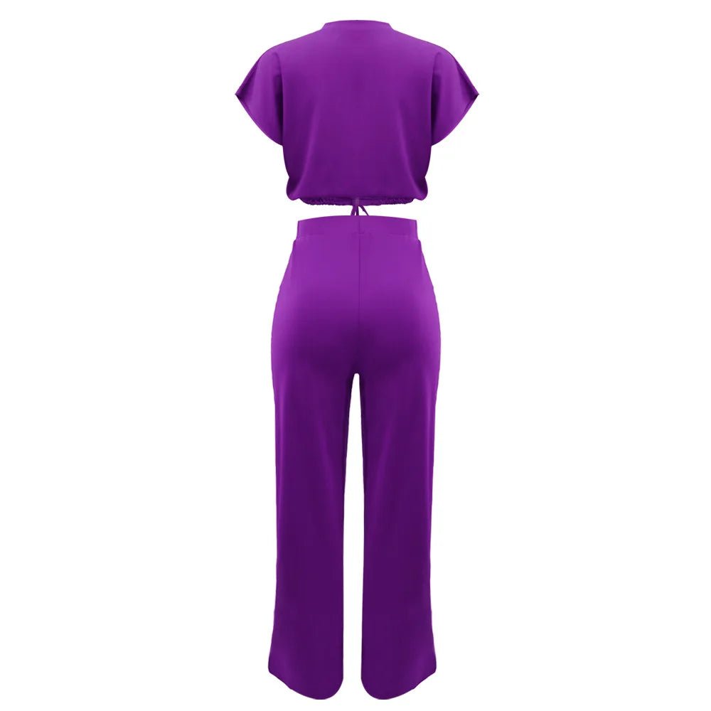 Women Casual Round Neck Drawstring Short Sleeve Top & High Waist Pants Set Summer Solid Two Piece Suit Sets Outfits Set Female - MAGUSTA BEAUTY