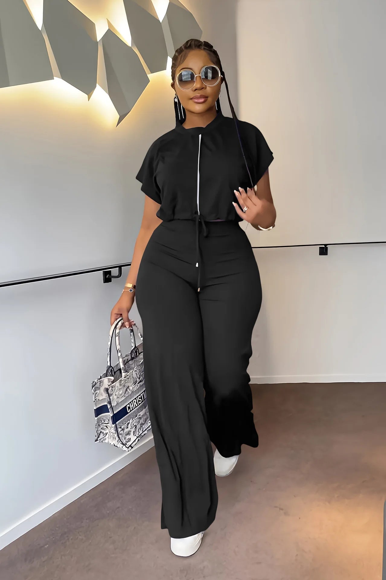 Women Casual Round Neck Drawstring Short Sleeve Top & High Waist Pants Set Summer Solid Two Piece Suit Sets Outfits Set Female - MAGUSTA BEAUTY