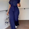 Women Casual Round Neck Drawstring Short Sleeve Top & High Waist Pants Set Summer Solid Two Piece Suit Sets Outfits Set Female - MAGUSTA BEAUTY