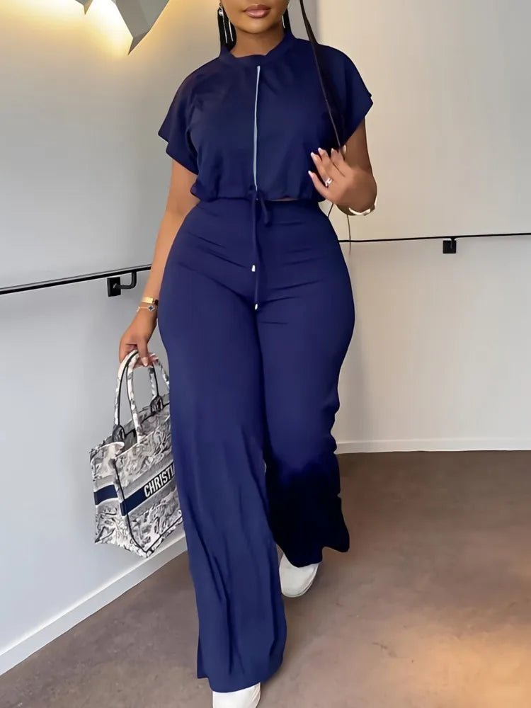 Women Casual Round Neck Drawstring Short Sleeve Top & High Waist Pants Set Summer Solid Two Piece Suit Sets Outfits Set Female - MAGUSTA BEAUTY
