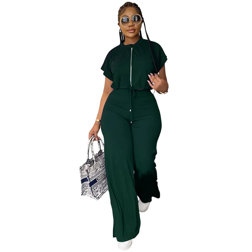 Women Casual Round Neck Drawstring Short Sleeve Top & High Waist Pants Set Summer Solid Two Piece Suit Sets Outfits Set Female - MAGUSTA BEAUTY