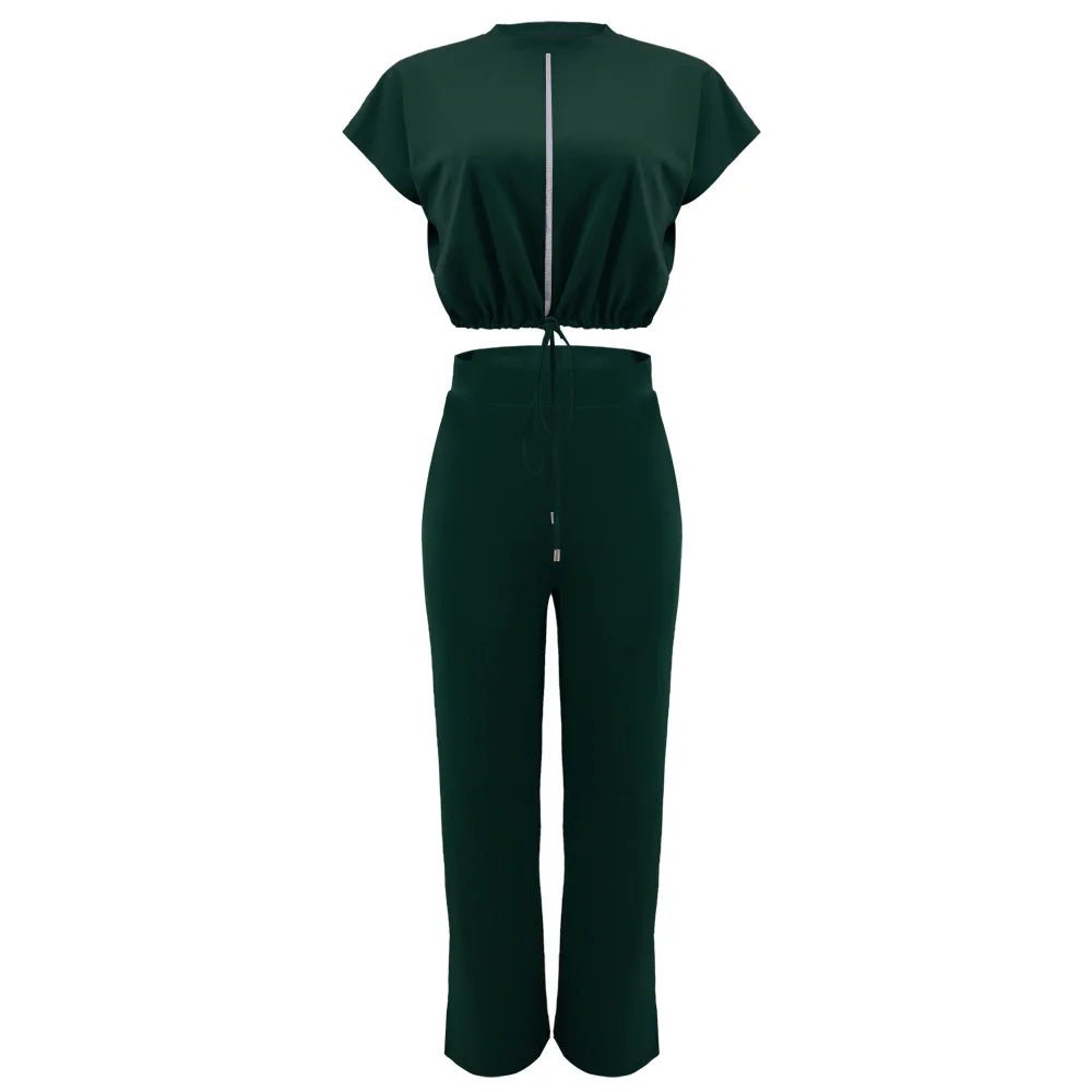 Women Casual Round Neck Drawstring Short Sleeve Top & High Waist Pants Set Summer Solid Two Piece Suit Sets Outfits Set Female - MAGUSTA BEAUTY