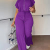 Women Casual Round Neck Drawstring Short Sleeve Top & High Waist Pants Set Summer Solid Two Piece Suit Sets Outfits Set Female - MAGUSTA BEAUTY