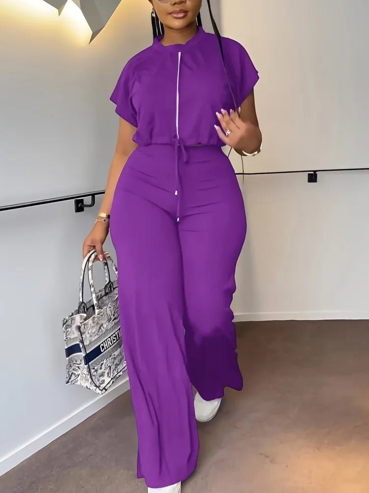 Women Casual Round Neck Drawstring Short Sleeve Top & High Waist Pants Set Summer Solid Two Piece Suit Sets Outfits Set Female - MAGUSTA BEAUTY